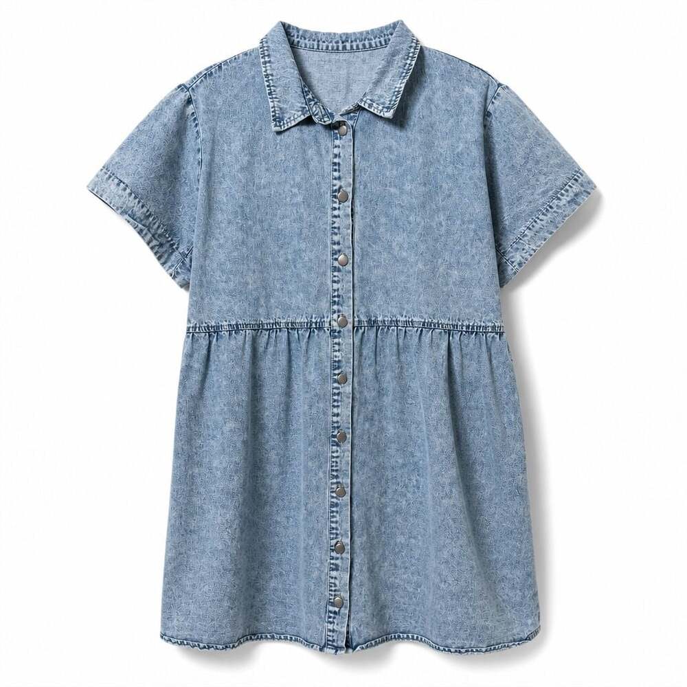 Women's Casual Short Sleeve Button-Down Denim Babydoll Shirt Dress